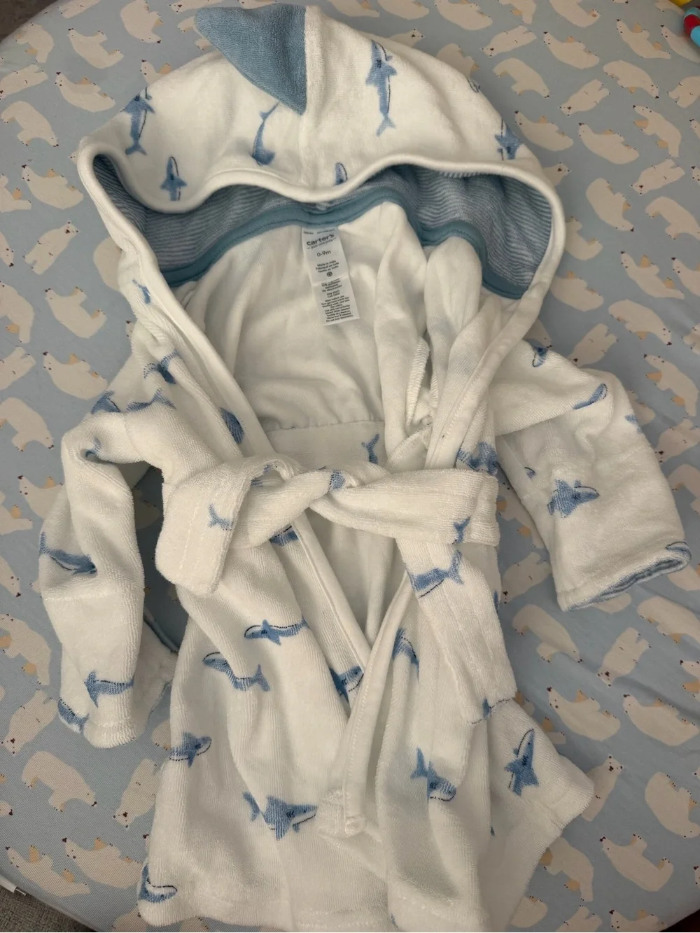 Carter's White Hooded Baby Robe with Light Blue Shark Print